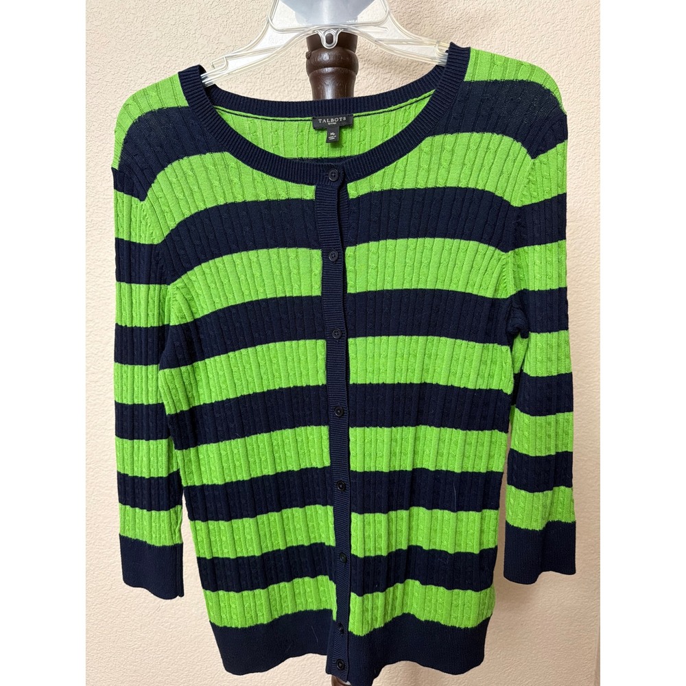 Talbots Petites Cardigan Sweater Womens Medium PM Green Navy Blue Striped Cotton